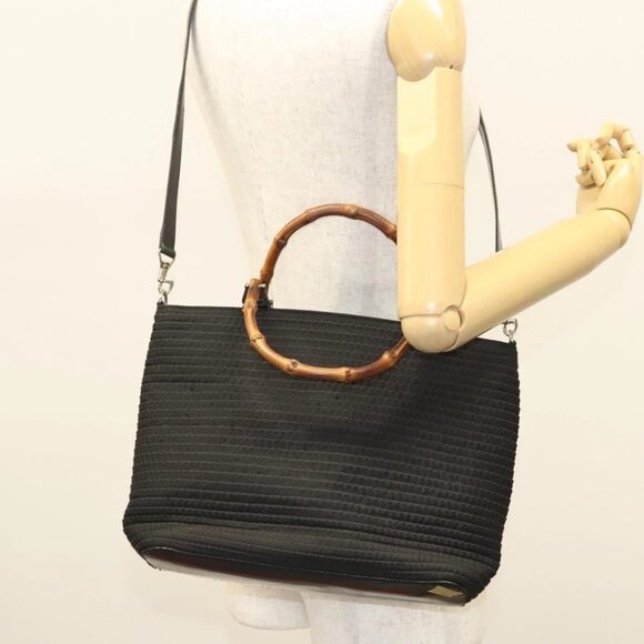 GUCCI Bamboo Hand Bag Canvas 2way Black Silver - Picture 1 of 16